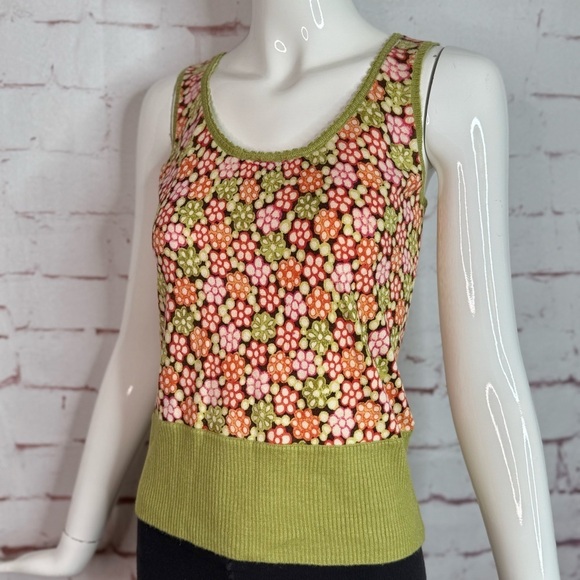SIGRID OLSEN XS Silk Knit Moss Green Orange Pink Floral Sleeveless Sweater Vest - Picture 12 of 13